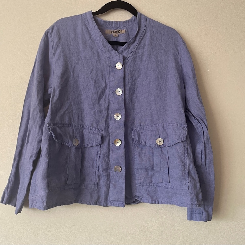 Flax Relaxed Button Down Cardigan Jacket Top Shirt 100% Linen Periwinkle Small